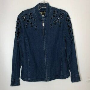 Bob Mackie Wearable Art Womens Blue Denim Zip Jean Jacket Rhinestone S SMALL